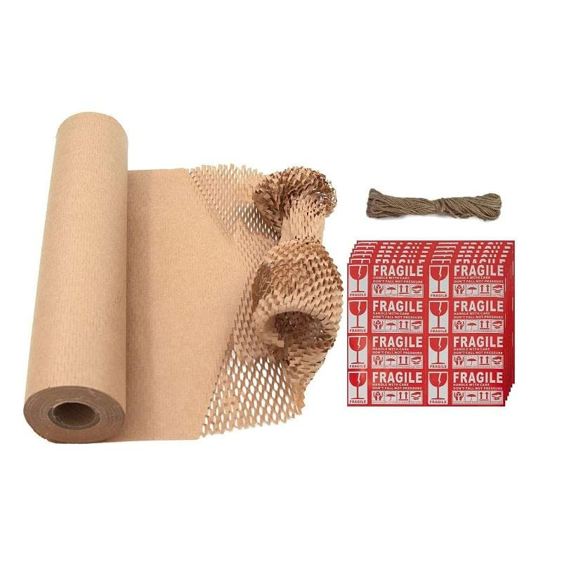 380mm*50m Honeycomb Cushioning Wrap Roll with 50pcs Fragile Tags And 10m Jute Twine Rope